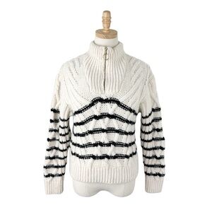 Mango Half Zip Striped Cable Knit Sweater Cream Black Sz XS
